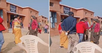 महिला ने टीचर को लाठी मारी दी.