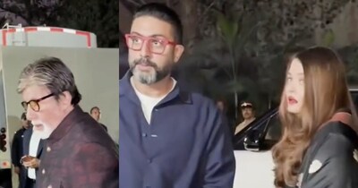 अभिषेक बच्चन, ऐश्वर्या राय और अमिताभ बच्चन आराध्या के स्कूल में जाते हुए. (फोटो साभारः इंस्टाग्राम @viralbhayani)