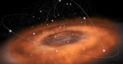 यह आर्टिस्ट कॉन्सेप्ट हमारी मिल्की वे गैलेक्सी के केंद्र में होने वाली तेज हलचल को दिखाता है. गैलेक्सी के केंद्र में सेजिटेरियस A*, या Sgr A* नाम के इलाके में एक सुपरमैसिव ब्लैक होल है, जिसका द्रव्यमान हमारे सूरज से लगभग चार मिलियन गुना ज्यादा है. (Credit : ESA/C. Carreau)