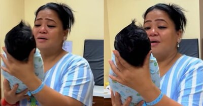 भारती सिंह बेटे 'काजू' को गोद में लेकर इमोशनल हो गईं. फोटो साभार-वीडियो ग्रैब