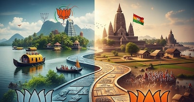 BJP की केरल और बिहार में ऐतिहासिक जीत की कहानी और बिहार में भाजपा का राजनीतिक सफर इस थीम पर बिना टेक्स्ट के साफ सुथरी इमेज दीजिए. (फोटो AI जेनरेटेड )