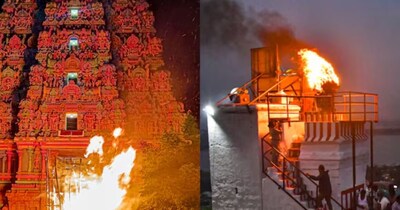 मदुरै में कार्तिकई दीपम उत्सव में तिरुपरनकुंड्रम मंदिर में एक दीपक जलाया गया. (फोटो PTI)