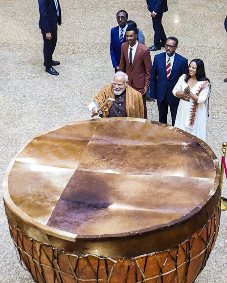 In this image released on Dec. 17, 2025, Prime Minister Narendra Modi during a visit to the Adwa Victory Memorial and Museum, in Addis Ababa, Ethiopia. (PMO via PTI Photo)