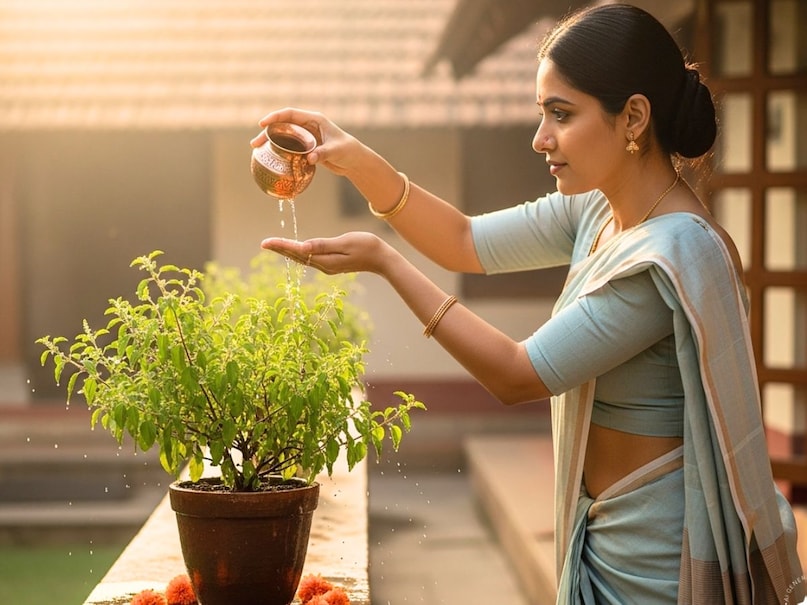 तुलसी के पौधे में अधिक मात्रा में जल नहीं चढ़ाया जाना चाहिए. ऐसा करने से तुलसी के पौधे की जड़ें सड़ जाती हैं. जिससे तुलसी का पौधा सूख सकता है और ऐसा माना जाता है कि घर में लगा तुलसी का पौधा सूख जाना अच्छा नहीं होता. (Image- AI) तुलसी के पौधे में अधिक मात्रा में जल नहीं चढ़ाया जाना चाहिए. ऐसा करने से तुलसी के पौधे की जड़ें सड़ जाती हैं. जिससे तुलसी का पौधा सूख सकता है और ऐसा माना जाता है कि घर में लगा तुलसी का पौधा सूख जाना अच्छा नहीं होता. (Image- AI)