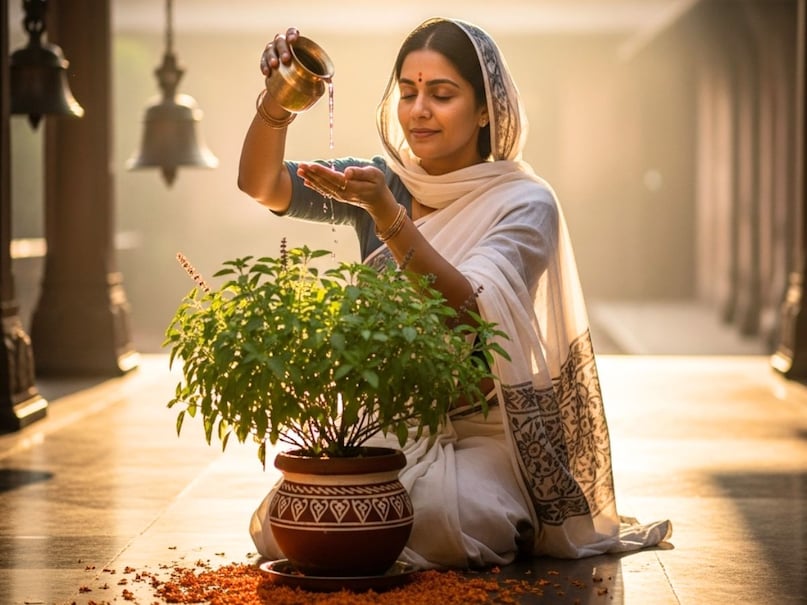 पुराणों में बताए विवरण के अनुसार तुलसी के पौधे में जल देते समय हमेशा इस बात का ध्यान रखना चाहिए कि आपने बिना सिलाई का एक वस्त्र पहना हुआ है. सिले हुए कपड़े पहनकर तुलसी में जल देने से लाभ प्राप्त नहीं होता. (Image- AI) पुराणों में बताए विवरण के अनुसार तुलसी के पौधे में जल देते समय हमेशा इस बात का ध्यान रखना चाहिए कि आपने बिना सिलाई का एक वस्त्र पहना हुआ है. सिले हुए कपड़े पहनकर तुलसी में जल देने से लाभ प्राप्त नहीं होता. (Image- AI)