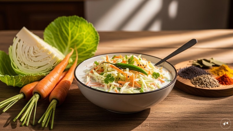 Cabbage And Carrot Raita: Shredded cabbage and carrots mixed with yogurt make this raita a crunchy, nutrient-dense option for winter. The mild tang of yogurt pairs beautifully with the freshness of the vegetables, boosting your fiber intake.
