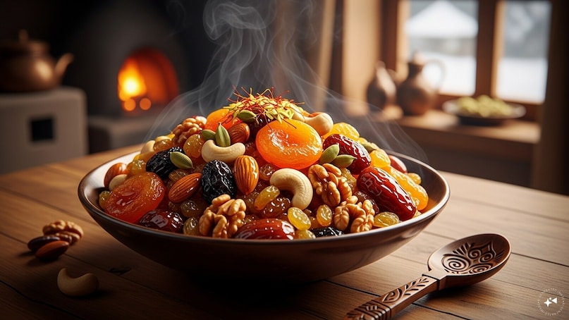  In Kashmiri cuisine, Shufta is a rich mix of dried fruits and paneer. The "forgotten" version includes Kanaguchhi (Morel mushrooms). These rare, expensive mushrooms are foraged from the wild and added to the honey-based stew for their deep, smoky flavour and warming medicinal properties.