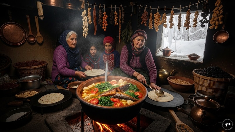  Kashmiris would sun-dry summer vegetables like turnips (gogji), tomatoes, and spinach to survive the snow-blocked winters. These dried vegetables, known as Hokh Syun, are cooked with smoked fish or meat to create a concentrated, deeply flavored winter stew.