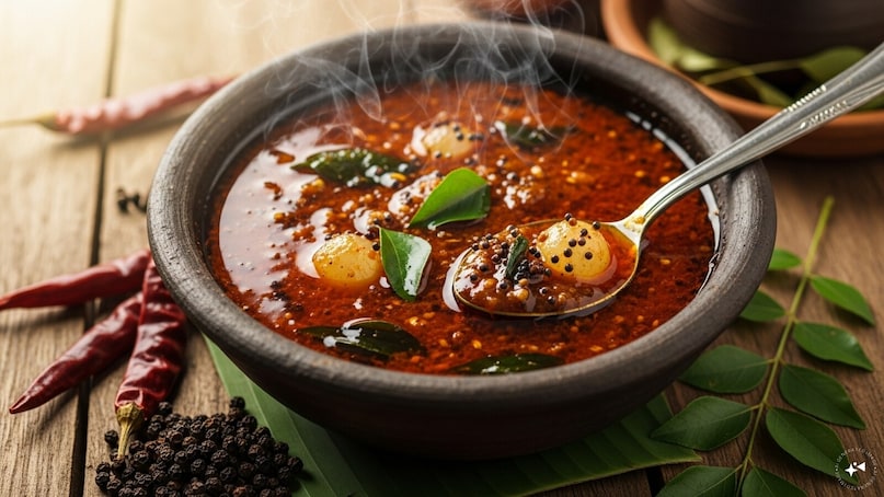  A seasonal staple in Tamil Nadu, this is a dark, pungent curry dominated by peppercorns and tamarind. Unlike regular sambars, it uses no lentils. It was historically prepared as a "remedy" during the monsoon-to-winter transition to ward off chest congestion and keep the digestive fire (agni) strong.