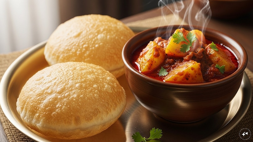 Traveling east to West Bengal, mornings often begin with luchis and aloo dum. Luchis are soft, deep-fried breads made from refined flour, paired with a spicy potato curry. This combination is not only popular in households but also a staple in sweet shops across Kolkata. The delicate texture of luchis and the bold flavors of aloo dum capture Bengal’s love for indulgent yet comforting food.