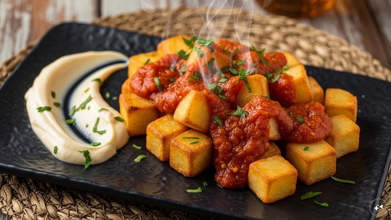 Patatas Bravas (Spain): Spain’s patatas bravas feature crispy fried potato cubes topped with spicy tomato sauce and garlicky aioli. A tapas-bar staple, the dish balances crunch, heat, and creaminess, making it perfect for sharing over drinks and lively conversation with friends late evenings.