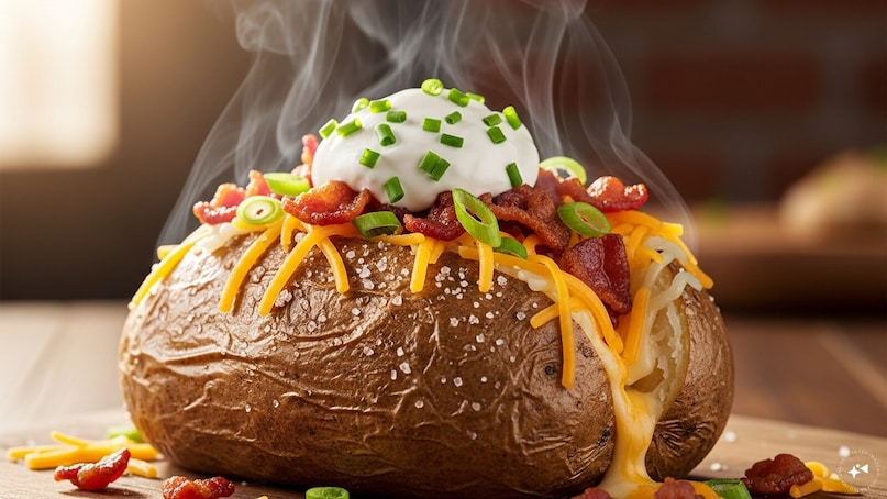 Loaded Baked Potato (USA): The American loaded baked potato starts with a fluffy oven-baked potato, split and piled high with butter, sour cream, cheese, bacon, and chives. Simple yet indulgent, it turns a humble side into a comforting, customizable meal for busy weeknight dinners.