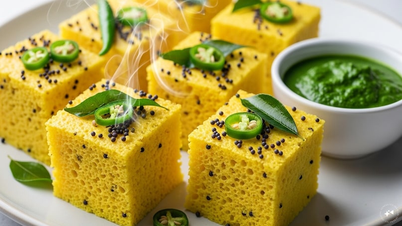 Dhokla: A Gujarati delicacy, dhokla is a steamed savory cake made from a fermented batter of besan and yogurt. Fluffy and spongy, it is tempered with mustard seeds, curry leaves, and green chilies. Served with green chutney, dhokla is light, tangy, and perfect for breakfast or snacks.