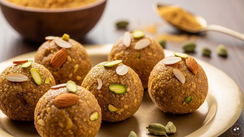 Besan Ladoo: On the sweeter side, besan ladoos are festive favorites. Roasted gram flour mixed with ghee, sugar, and cardamom is rolled into soft, melt‑in‑the‑mouth balls. Garnished with nuts, they are a must‑have during Diwali and other celebrations.
