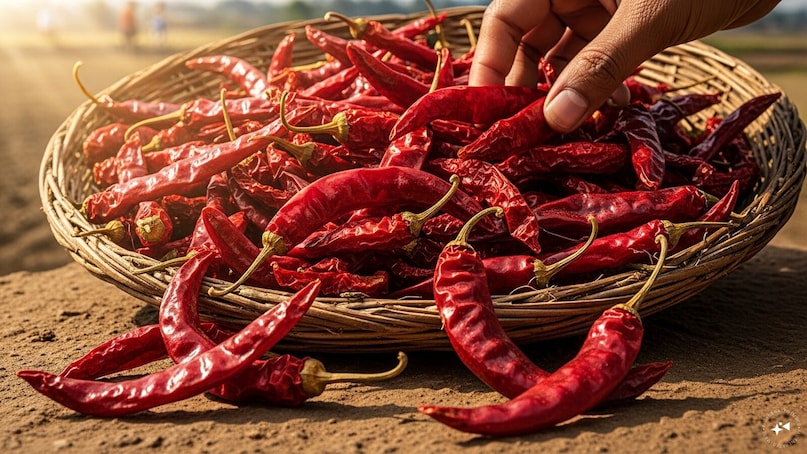  Byadgi chillies from Karnataka are easily recognized by their deep red color and wrinkled skin. They are less pungent than other varieties, making them ideal for adding color without excessive heat. South Indian cooking often relies on Byadgi chillies to achieve that perfect balance of taste and appearance.