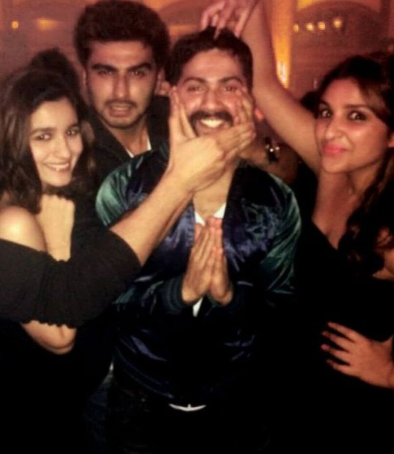 This picture is from 2014. From left to right, Sidharth Malhotra, Alia Bhatt, Arjun Kapoor, Varun Dhawan, and Parineeti Chopra are seen having a fun night out. Parineeti took to Instagram to share the picture and wrote, “Partayyyy!!” They were determined to hide Varun’s facial fuzz, which he has grown for his film Badlapur. 
