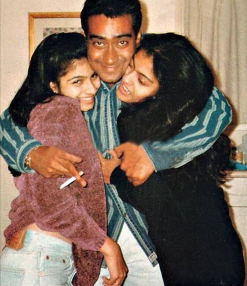 The adorable picture features Kajol with her husband Ajay Devgan and sister Tanisha Mukherjee together. This picture was posted on Instagram by Tanisha. She took to Instagram to wish her brother-in-law Ajay Devgn on his 46th birthday which fell on April 2, along with the caption "Happy Birthday my darling Jay! Here's to a man who lives his life with integrity and honesty, who loves unconditionally and is a constant source of inspiration! Thank you for being my big brother, my friend and my mentor! #family #love #birthday".In the picture, a young Ajay hugs wife Kajol and his sister-in-law. 