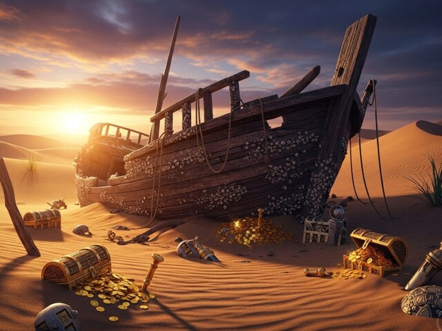 A ship full of treasure left for India, buried in the desert midway