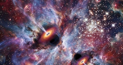 इस कंप्यूटर विजुअलाइजेशन में शुरुआती ब्रह्मांड की एक युवा गैलेक्सी में बेबी ब्लैक होल बढ़ते हुए दिखाए गए हैं. (क्रेडिट : डॉ. जॉन रीगन)