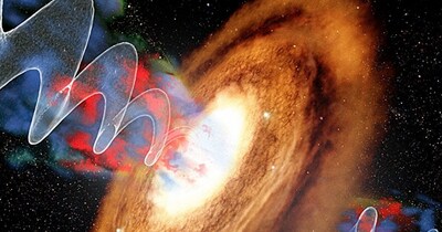 आर्टिस्ट की बनाई यह तस्वीर गैलेक्सी VV 340a के सेंटर में मौजूद सुपरमैसिव ब्लैक होल से निकलने वाले एक प्रीसेसिंग जेट को दिखाती है. (Image : W. M. Keck Observatory / Adam Makarenko)