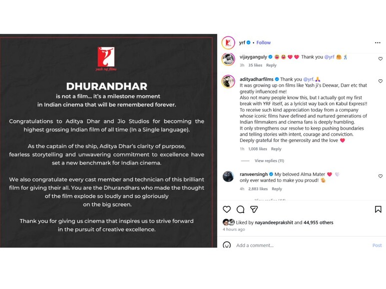  Ranveer Singh Responds To YRFs Praise For Dhurandhar grossed over Rs 1247 crore worldwide said My Beloved Alma Mater