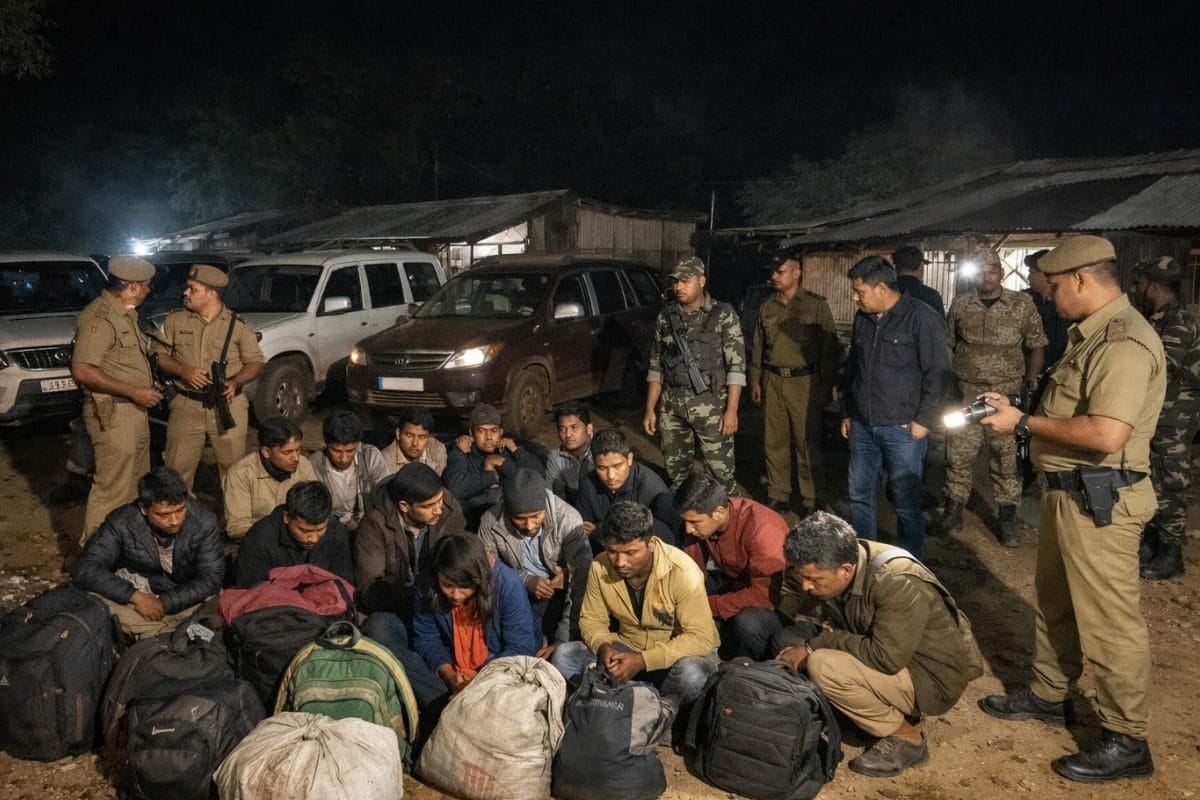 आधी रात को बॉर्डर पर मची अफरा-तफरी मेघालय पुलिस ने 18 बांग्लादेशियों को दबोचा 5 गाड़ियां जब्त