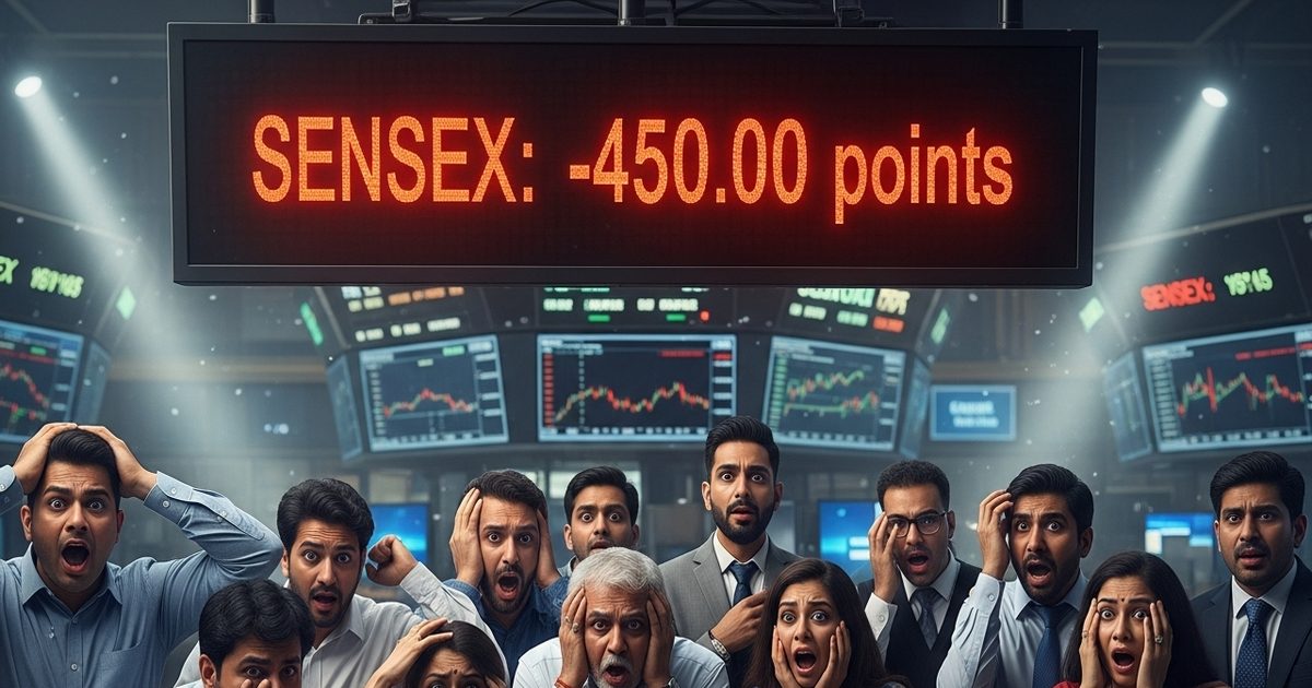 शेयर बाजार में गिरावट: सेंसेक्स 450 अंक लुढ़का, निफ्टी 25,720 के करीब