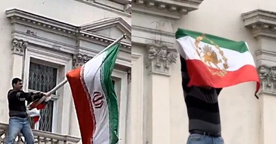 ईरान का झंडा दूतावास से निकाला गया.