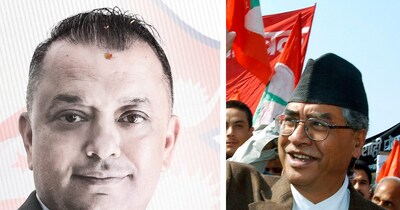 गगन थापा (बाएं) पूर्व पीएम शेर बहादुर देउबा (दाएं.)