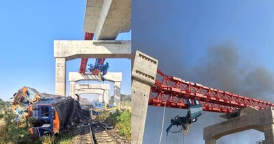 थाईलैंड के उत्तर पूर्वी क्षेत्र में बुधवार को एक यात्री ट्रेन पर निर्माण में इस्तेमाल की जाने वाली क्रेन के गिर जाने से कम से कम 22 पैसेंजर्स की मौत हो गई. (फोटो- एक्स)