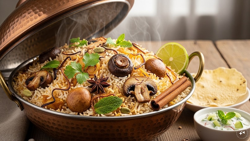 Mushroom Biryani: In this aromatic rice dish, long-grain Basmati is layered with a spicy mushroom "yakhni." Infused with saffron and kewra water, the mushrooms act as succulent flavour bombs that rival the traditional meat versions of this classic.