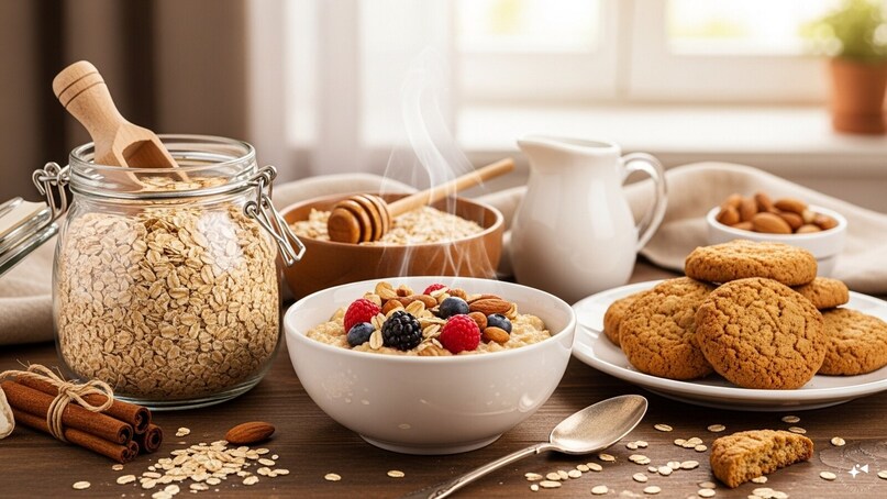   Oats: Oats are high in fiber and antioxidants, improving digestion, lowering cholesterol, and regulating blood sugar. A regular bowl of oats supports heart health and promotes long-term wellness.