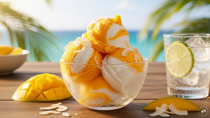 Mango Coconut Sorbet: Blend ripe mangoes with a splash of coconut milk and freeze to make a smooth sorbet. Naturally sweet and refreshing, it’s rich in vitamins, antioxidants, and healthy fats, offering a tropical, guilt-free dessert that feels indulgent without refined sugar.