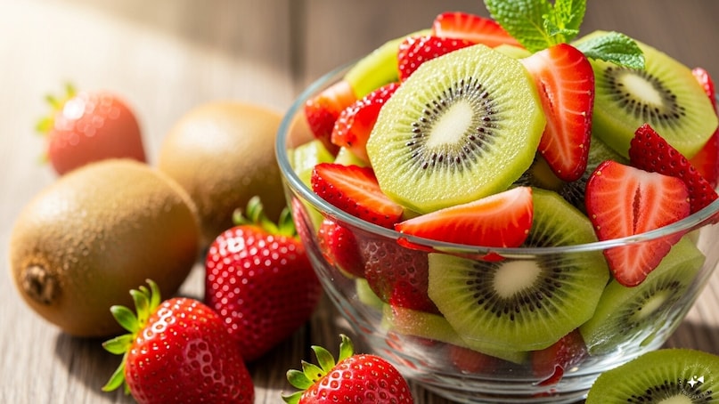 Kiwi And Strawberry Fruit Salad: Combine kiwi, strawberries, and a squeeze of fresh lime juice for a zesty, colourful salad. Bursting with vitamin C, antioxidants, and natural sweetness, this vibrant dessert is refreshing, light, and perfect for a healthy, romantic treat any time of day.