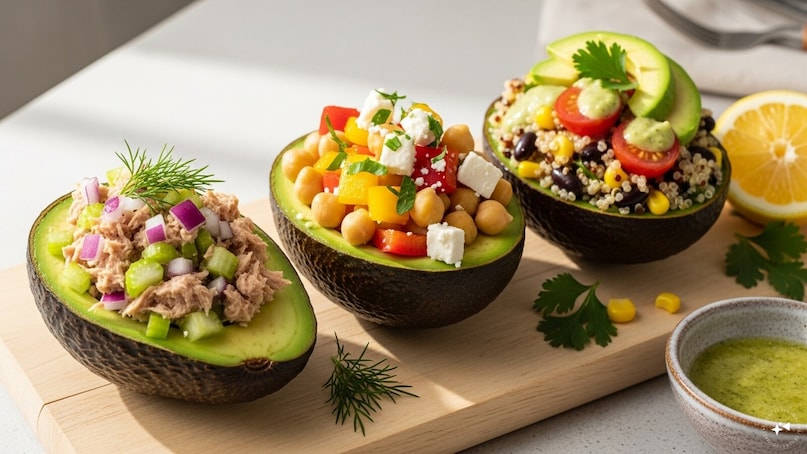 Stuffed Avocado Boats: Halved avocados filled with protein-rich tuna, chickpeas, or quinoa salad. These "boats" are naturally low in carbs and act as a functional, edible bowl packed with vitamins C, E, and K. Stuffed Avocado Boats: Halved avocados filled with protein-rich tuna, chickpeas, or quinoa salad. These "boats" are naturally low in carbs and act as a functional, edible bowl packed with vitamins C, E, and K.