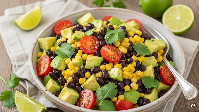 Avocado and Black Bean Salad: A vibrant mix of diced avocado, black beans, corn, and cherry tomatoes tossed in lime vinaigrette. It is a fiber powerhouse that supports digestive health and helps stabilize blood sugar levels. Avocado and Black Bean Salad: A vibrant mix of diced avocado, black beans, corn, and cherry tomatoes tossed in lime vinaigrette. It is a fiber powerhouse that supports digestive health and helps stabilize blood sugar levels.