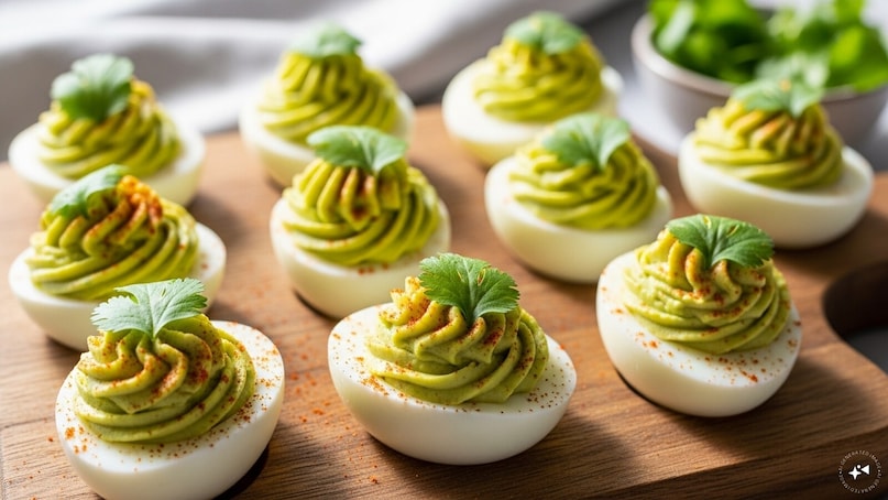 Avocado Deviled Eggs: A healthier twist on the classic appetizer, replacing mayonnaise with mashed avocado in the yolk filling. This simple swap reduces saturated fat while increasing the snack's overall antioxidant and fiber content. Avocado Deviled Eggs: A healthier twist on the classic appetizer, replacing mayonnaise with mashed avocado in the yolk filling. This simple swap reduces saturated fat while increasing the snack's overall antioxidant and fiber content.