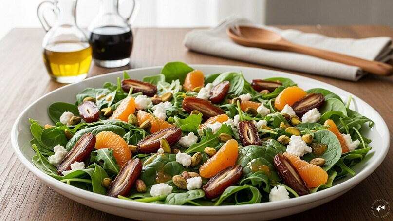  Date Salad Toppings: Add sliced dates to green salads or grain bowls. They pair well with nuts, cheese, citrus fruits, and leafy greens. Dates bring a natural sweetness, contrast textures, and boost nutrient content, making everyday salads more flavourful and satisfying.