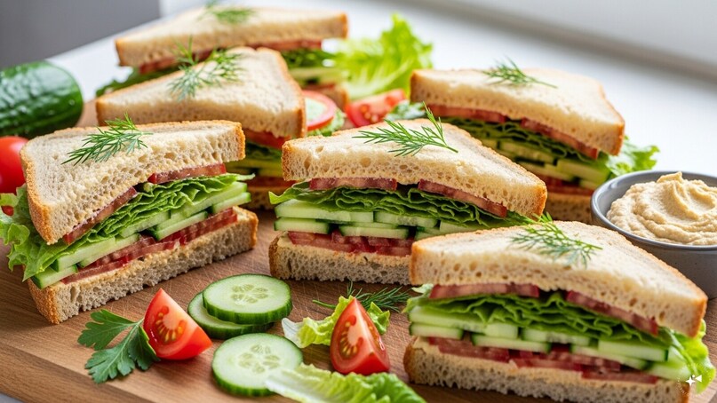 Vegetable Sandwiches: Quick vegetable sandwiches with cucumbers, tomatoes, lettuce, and a spread of hummus or cream cheese make a filling snack. Packed with fiber and crunch, they are easy to assemble and provide sustained energy for the rest of the evening.
