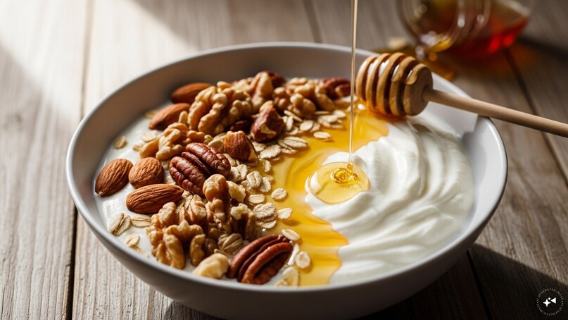 Yogurt with Honey and Nuts: A bowl of yogurt topped with a drizzle of honey and mixed nuts is a quick, protein-rich snack. It aids digestion, soothes the stomach after fasting, and provides a creamy, lightly sweet taste to recharge your body.