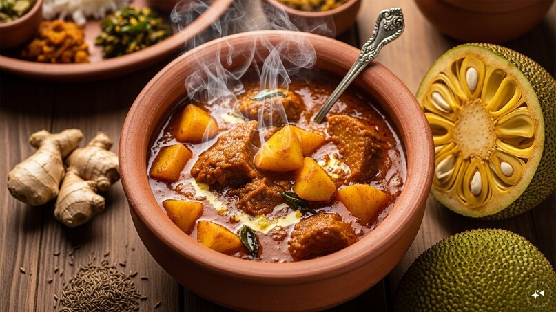 Echorer Dalna (West Bengal): Known as "Gach Patha" or "tree mutton," this Bengali curry uses raw jackfruit and cubed potatoes. Slow-cooked in a ginger-cumin paste with a touch of ghee, it offers a rich, savory experience that is a staple during traditional feasts.
