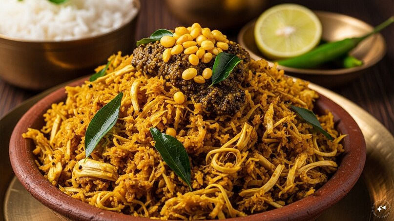 Panasa Puttu Koora (Andhra Pradesh): A coastal Andhra specialty, this dish involves shredding raw jackfruit until it resembles a crumble. It is flavored with a potent mustard seed paste (ava) and garnished with crunchy lentils and curry leaves, offering a unique, pungent, and spicy profile.