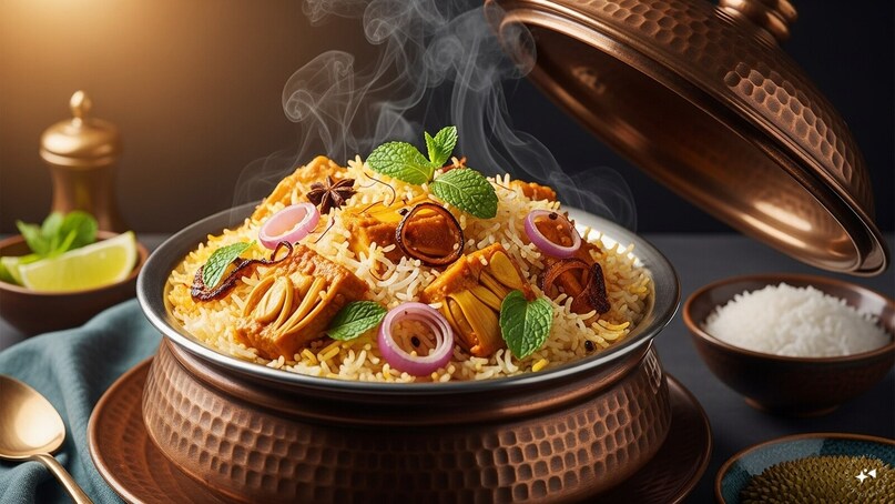 Kathal Biriyani (Awadh): A vegetarian take on the royal Lucknowi biryani, marinated raw jackfruit chunks are layered with fragrant basmati rice, saffron, and fried onions. The "dum" cooking process ensures the jackfruit becomes incredibly tender, making it a sophisticated alternative to meat biryani.