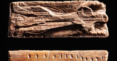 यह एडोरेंट मूर्ति लगभग 38,000 साल पुरानी है. इसमें एक छोटी हाथीदांत की प्लेट है जिस पर एक इंसानी आकृति और कई निशान और डॉट्स बने हैं. इन निशानों का इस्तेमाल एक नोटेशन सिस्टम का सुझाव देता है, खासकर प्लेट के पीछे डॉट्स की लाइनों में. (Credit: Landesmuseum Württemberg / Hendrik Zwietasch)