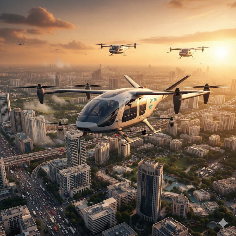 दिल्ली-एनसीआर में अब एयर टैक्सी चलेंगी. ये टैक्सी एनसीआर की जाम भरी सड़कों पर नहीं बल्कि आसमान में उडेंगी और 7 से 10 मिनट में दिल्ली से गुरुग्राम और गुड़गांव से दिल्ली के सीपी में पहुंचा देंगी. अभी इन दो शहरों के बीच में सफर करने के लिए घंटों का समय खर्च करने वाले लोगों के लिए बड़ी सुविधा हो जाएगी. एयर टैक्सी कैसी होंगी, इसका प्रस्ताव किसने दिया है और ये कहां चलेंगी, नीचे की स्लाइडों में आइए इसके बारे में विस्तार से जानते हैं..  AI Image. 