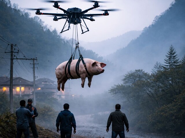 An attempt to fly a pig proved costly, the drone got stuck in an electric wire....