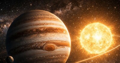 TIC-65910228 नामक तारे की परिक्रमा करते सुपर-जुपिटर की AI से बनाई प्रतीकात्मक तस्वीर.