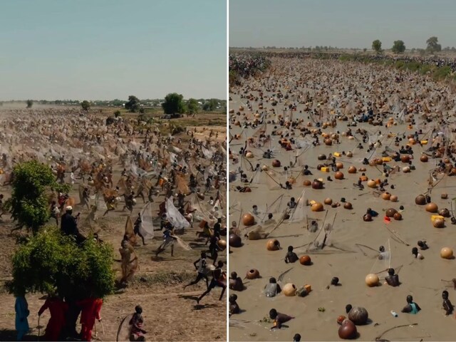Thousands of fishermen jumped into the river together to catch fish, there was not even a place to keep sesame seeds!