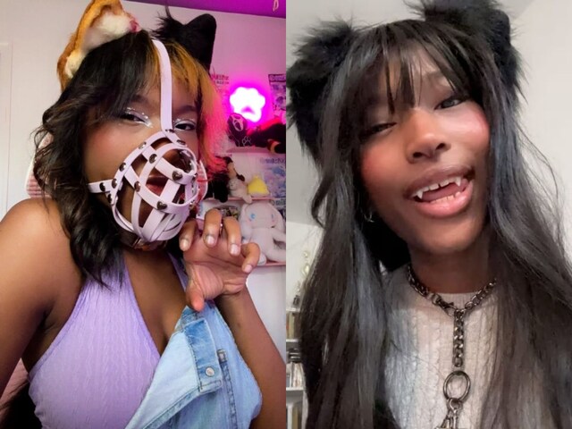 This beautiful girl considers herself a dog, ties a leash around her neck and ears on her head