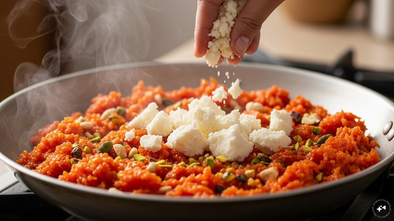 Optional richness with khoya: When the mixture looks like a soft porridge and most milk is absorbed, add crumbled khoya. Mix well and cook for 5-7 minutes until incorporated and homogenous.